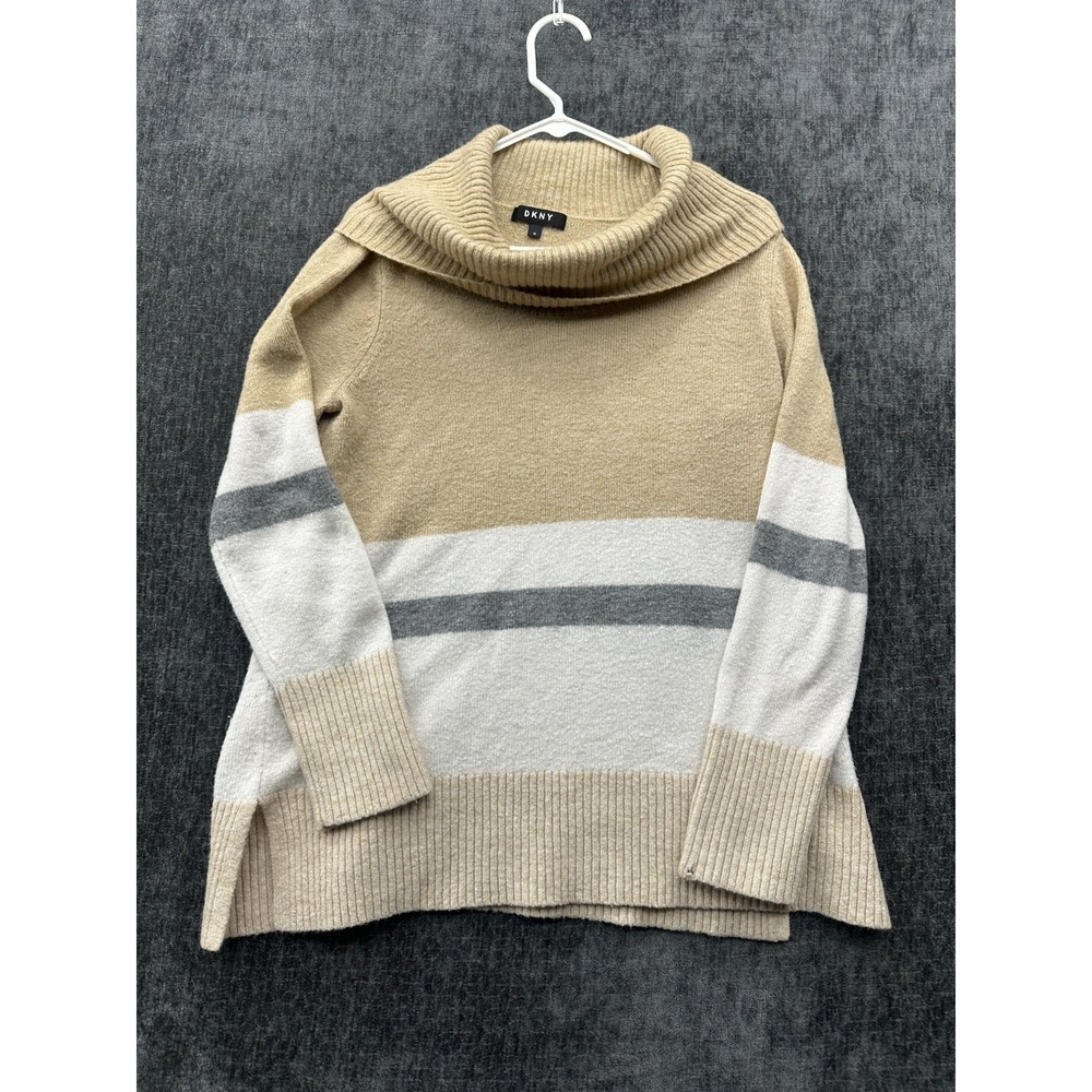 Dkny Sweater‎ Womens Medium Multicolor Ribbed Striped Cozy Cowl Neck Warm Wear